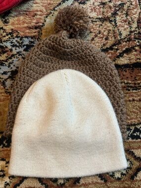 Kids Cream and Brown Beanie Hat Set